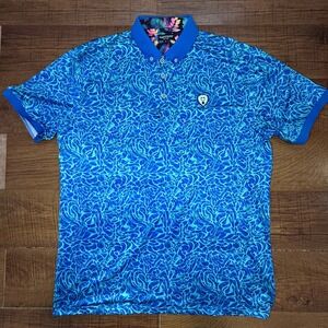 Madchuck Mens Large Blue Swirl Performance Golf Polo Tropical Collar Gorilla